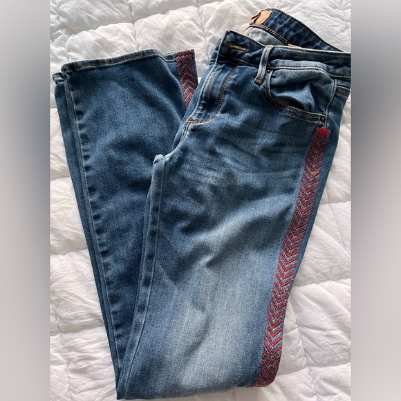 DRIFTWOOD Kelly Denim Jeans with Red Pattern Embroidered Down Side Seams - Picture 1 of 12
